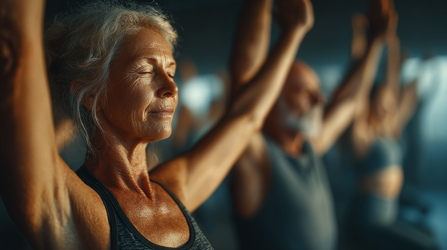 Група старших людей на заняттях йогою в парку