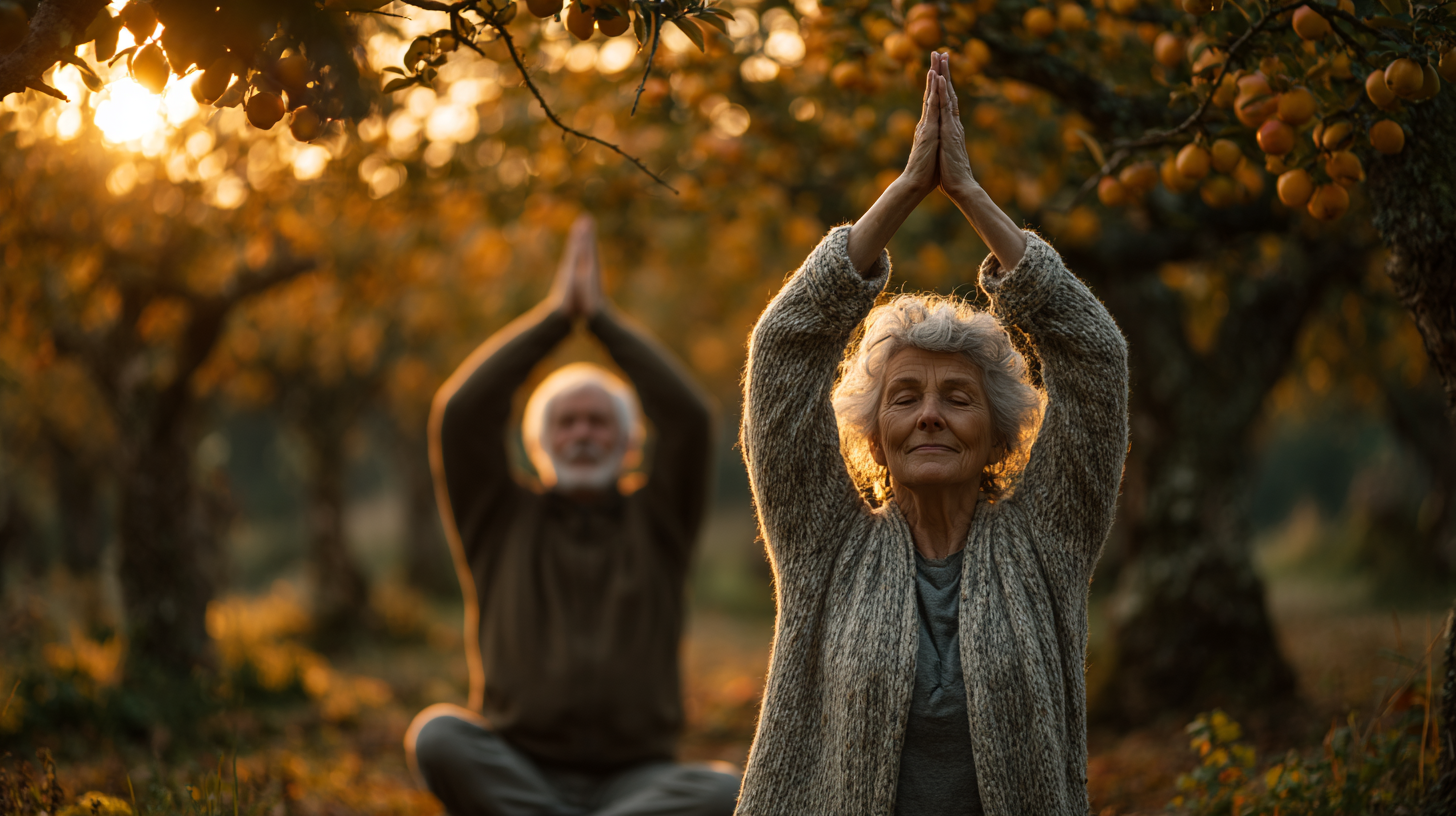 Група літніх людей виконує медитацію на природі
